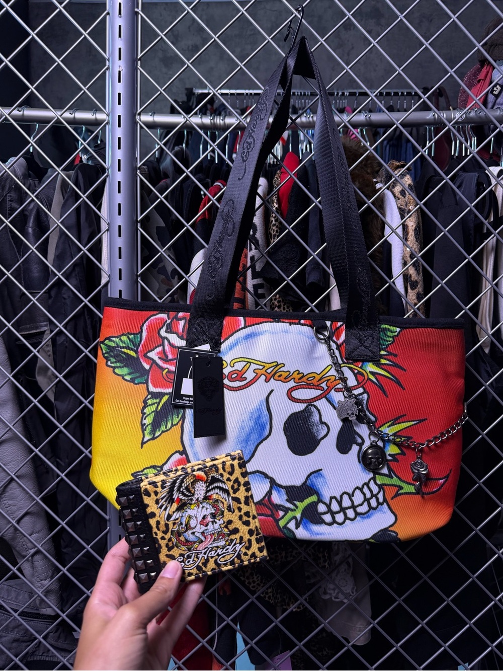 Ed Hardy Red Yellow Gradient Skull Tote with Black Straps